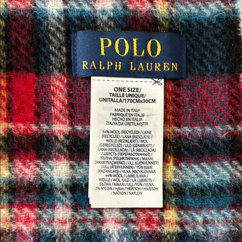 Polo Ralph ITALY Lauren Red Blue WOOL BLEND Plaid FISHING HUNTING PATCHES SCARF - Picture 4 of 12
